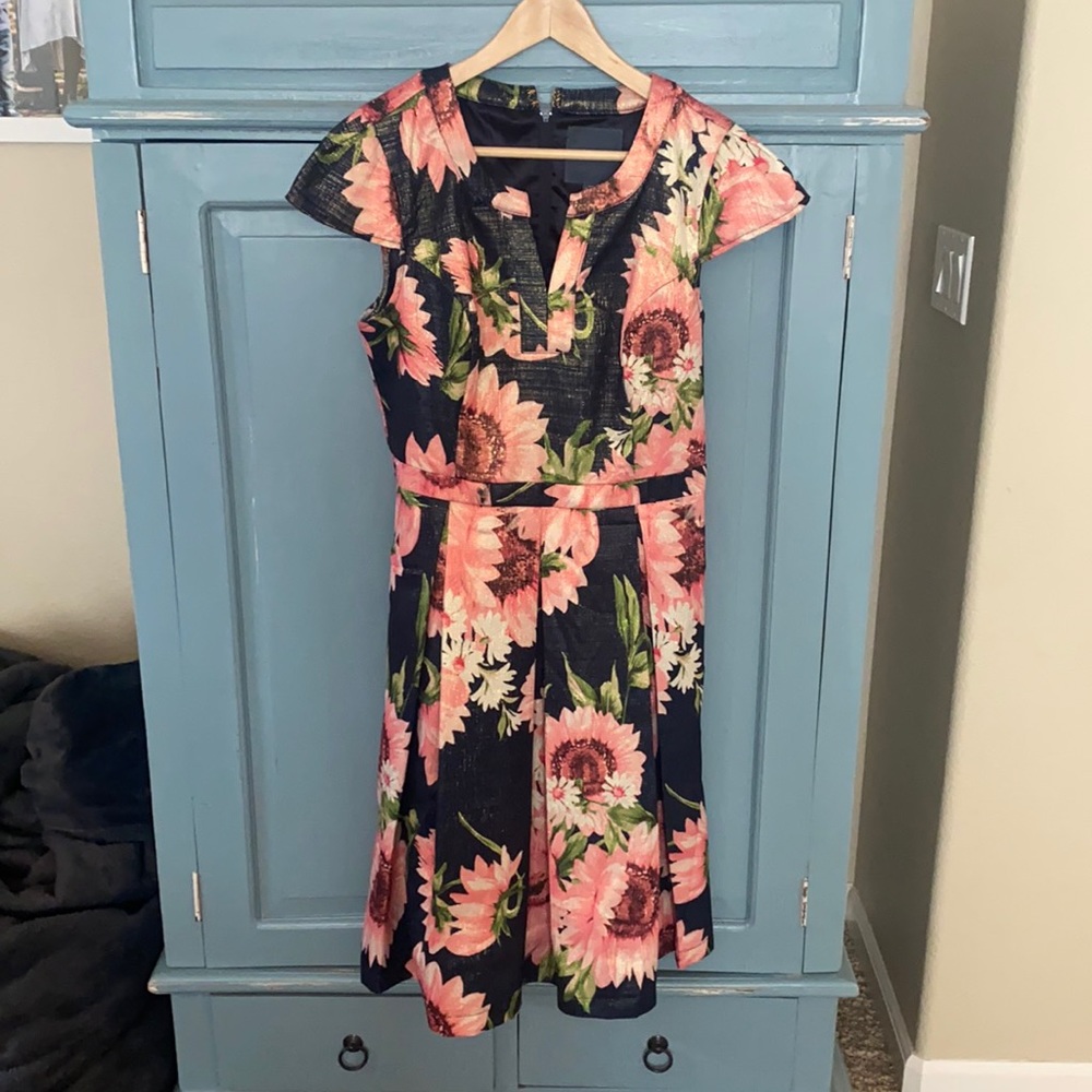 ModCloth Navy Floral Midi Dress with Pink Sunflowers